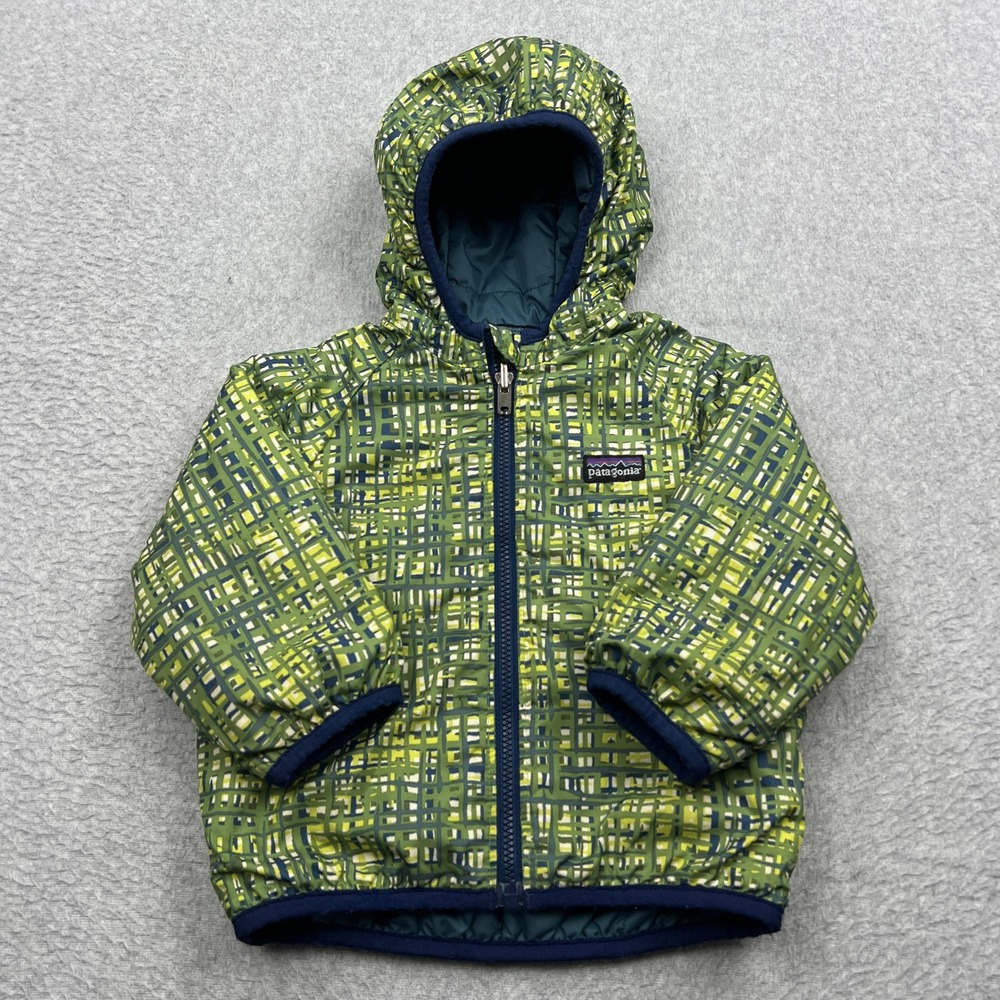 Patagonia Reversible Down Sweater Hoody Kids 12M* Green Geometric Puffer Jacket